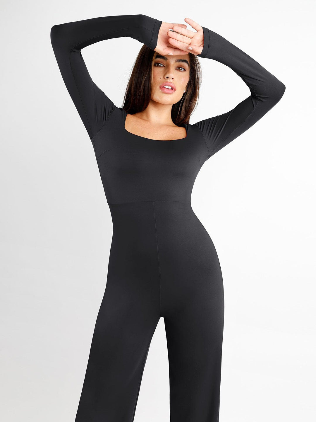 Popilush? Square Neck Wide-Leg Long Sleeve Shapewear Jumpsuit