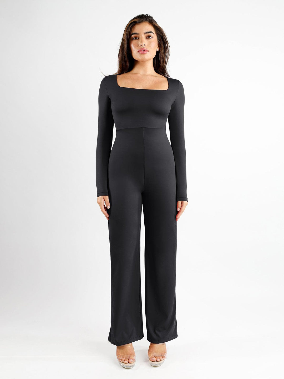 Popilush? Black / XS Square Neck Wide-Leg Long Sleeve Shapewear Jumpsuit