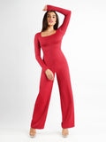 Popilush? Casual Jumpsuit Square Neck Wide-Leg Long Sleeve Shapewear Jumpsuit