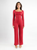 Popilush? Casual Jumpsuit Wine / XS Square Neck Wide-Leg Long Sleeve Shapewear Jumpsuit