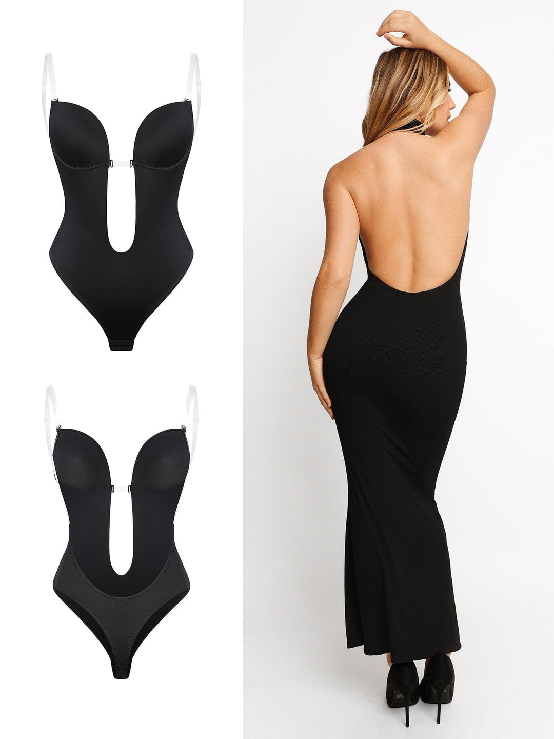 Popilush Shapewear for Low Back Dress Strapless U Plunge Thong Bodysuit Backless Bra